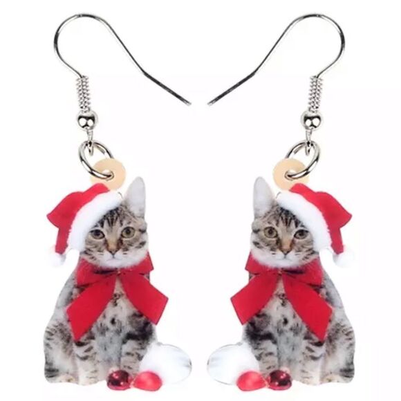 Christmas Kitten Earrings Cat Santa Acrylic Lightweight Holiday - Picture 1 of 6